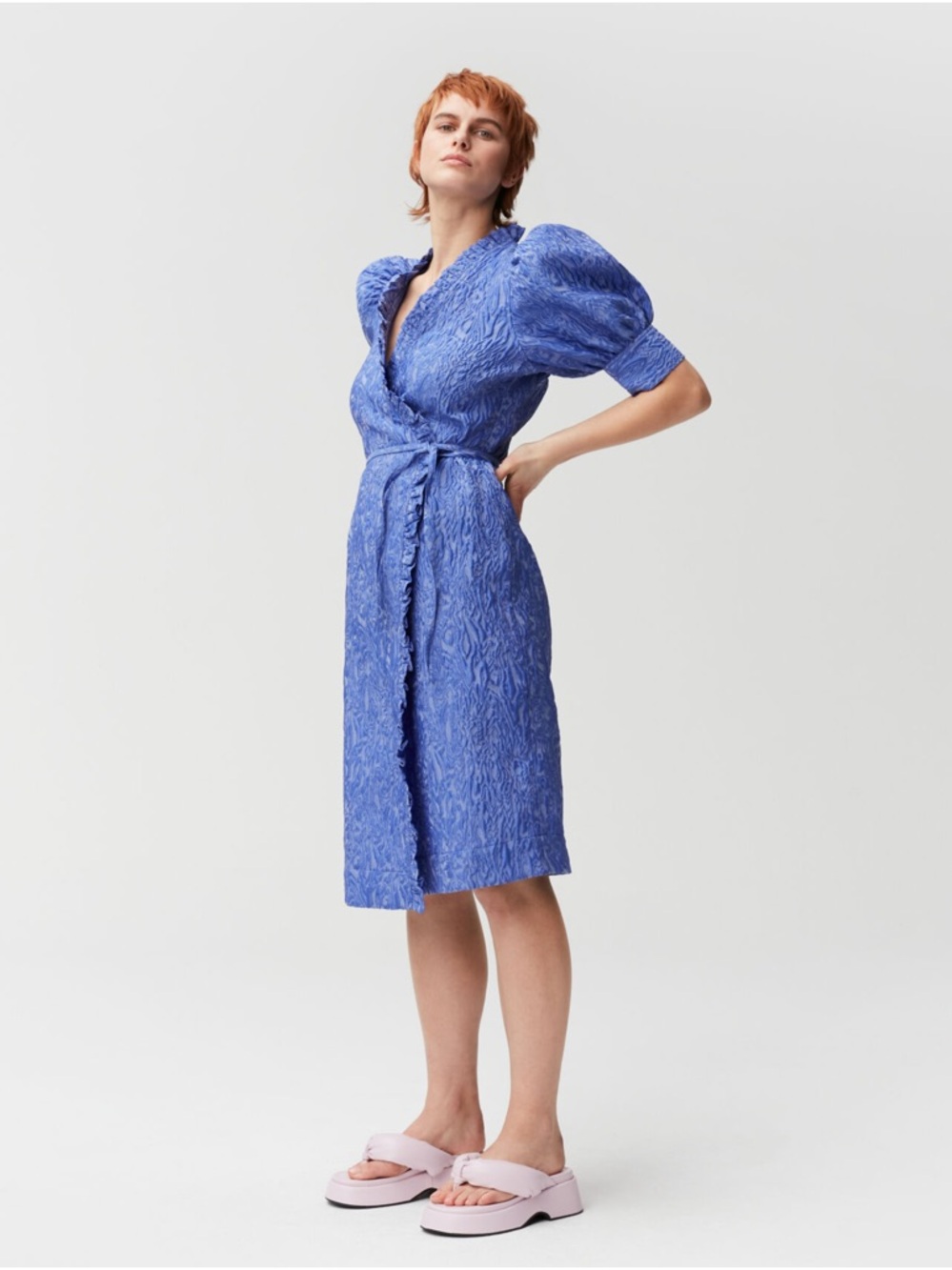 Ganni Royal Blue Puff-Sleeve Wrap Midi Dress
